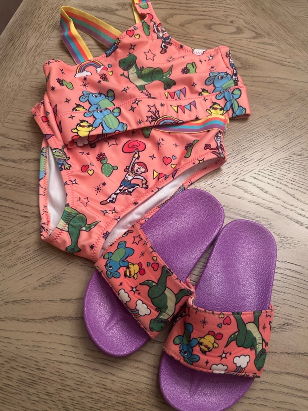 Disney Toy Story 2 Two-Piece Swim Set with Rainbow Straps w/matching flip flops